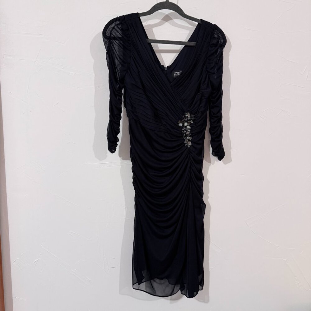 Adrianna Papell Black Ruched Sheath Dress Size 8 | 3/4 Sleeve Embellished